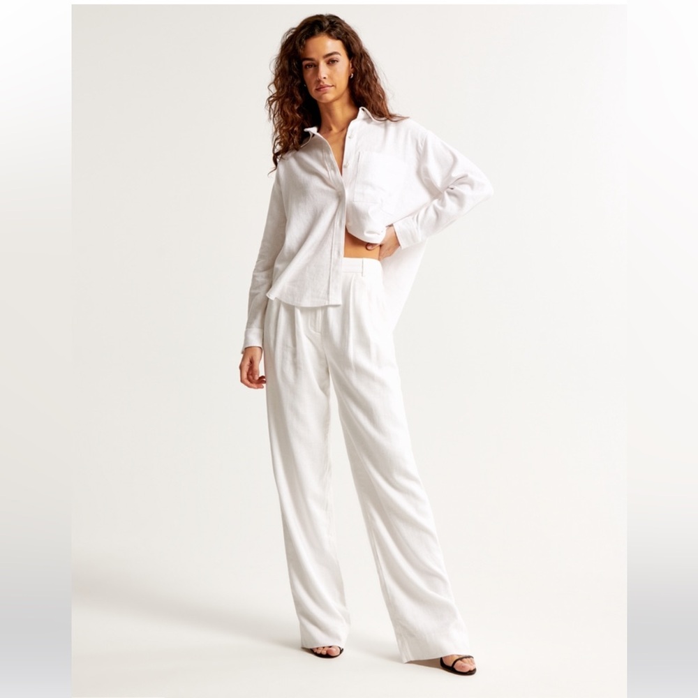 Abercrombie and Fitch Sloane Linen Blend Pant in White, Short Petite